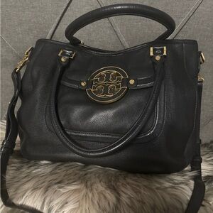 Tory Burch Black Leather Satchel with Gold Logo Accent